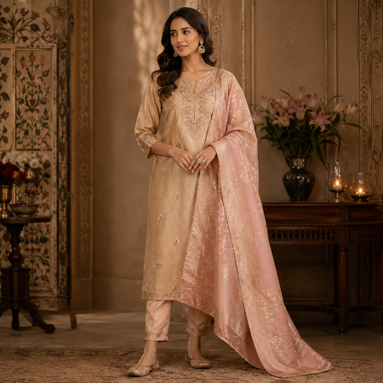 Home chanderi embroidered kurta set